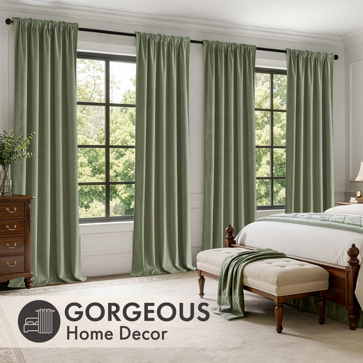 Sage Green Velvet Curtains 4 Panels Set Back Tab 40x108 Inch Long (Sage Green / 40"W x 108"L (Pack of 4))