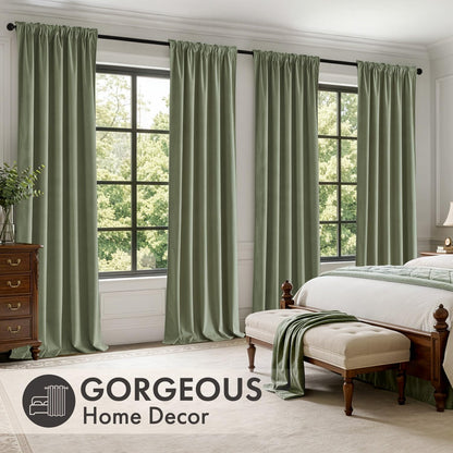Sage Green Velvet Curtains 4 Panels Set Back Tab 40x108 Inch Long (Sage Green / 40"W x 108"L (Pack of 4))
