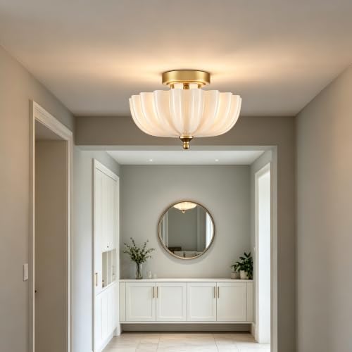 Modern Brass Semi Flush Mount Ceiling Light with Milky Glass Shade
