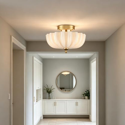 Modern Brass Semi Flush Mount Ceiling Light with Milky Glass Shade