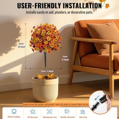 2Pcs Artificial Fall Topiary Ball Flowers for Outdoors (Orange Yellow Brown)