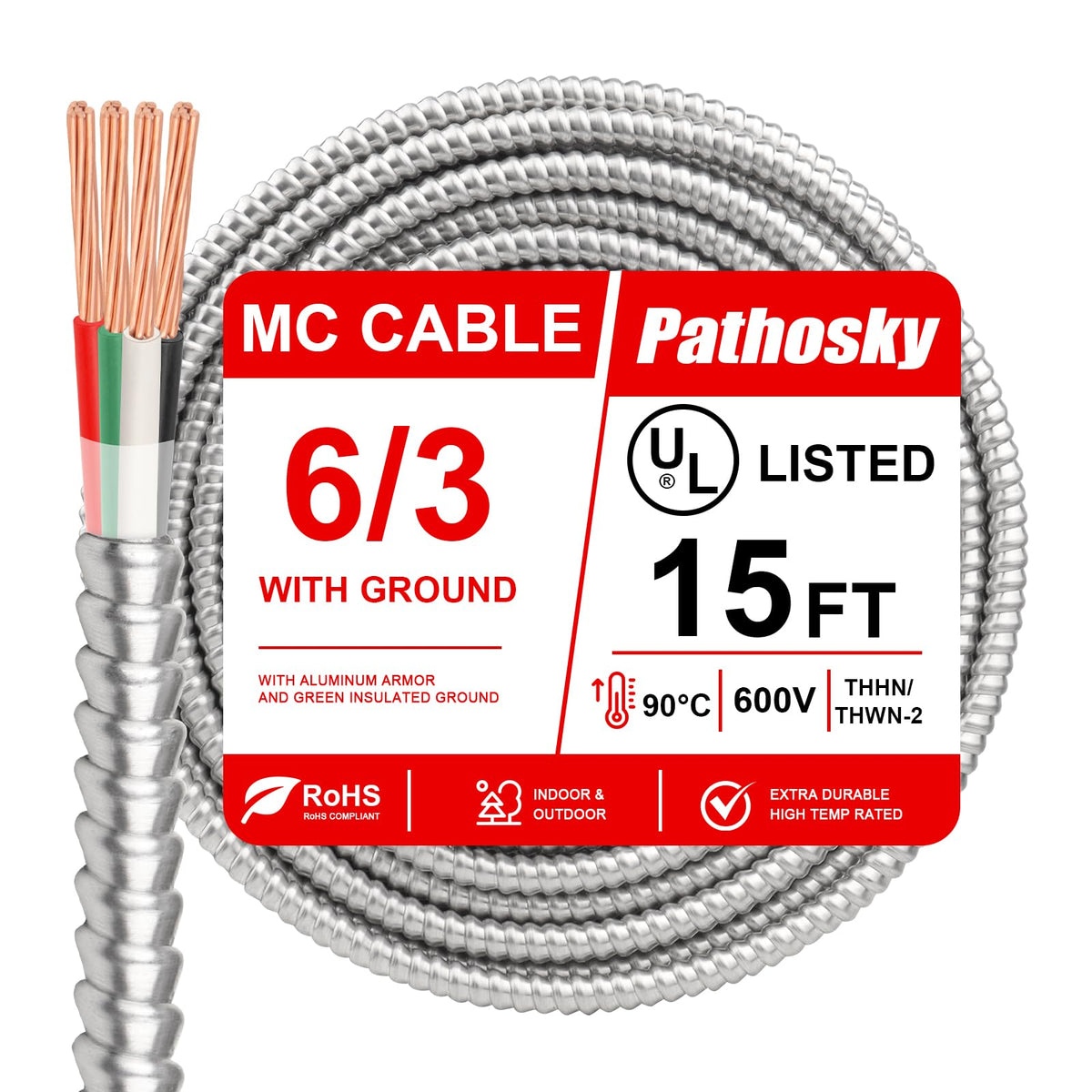 6 3 MC Cable 15 FT Aluminum Armored Electrical Wire with Ground THHN (15 FT / 6AWG/3)