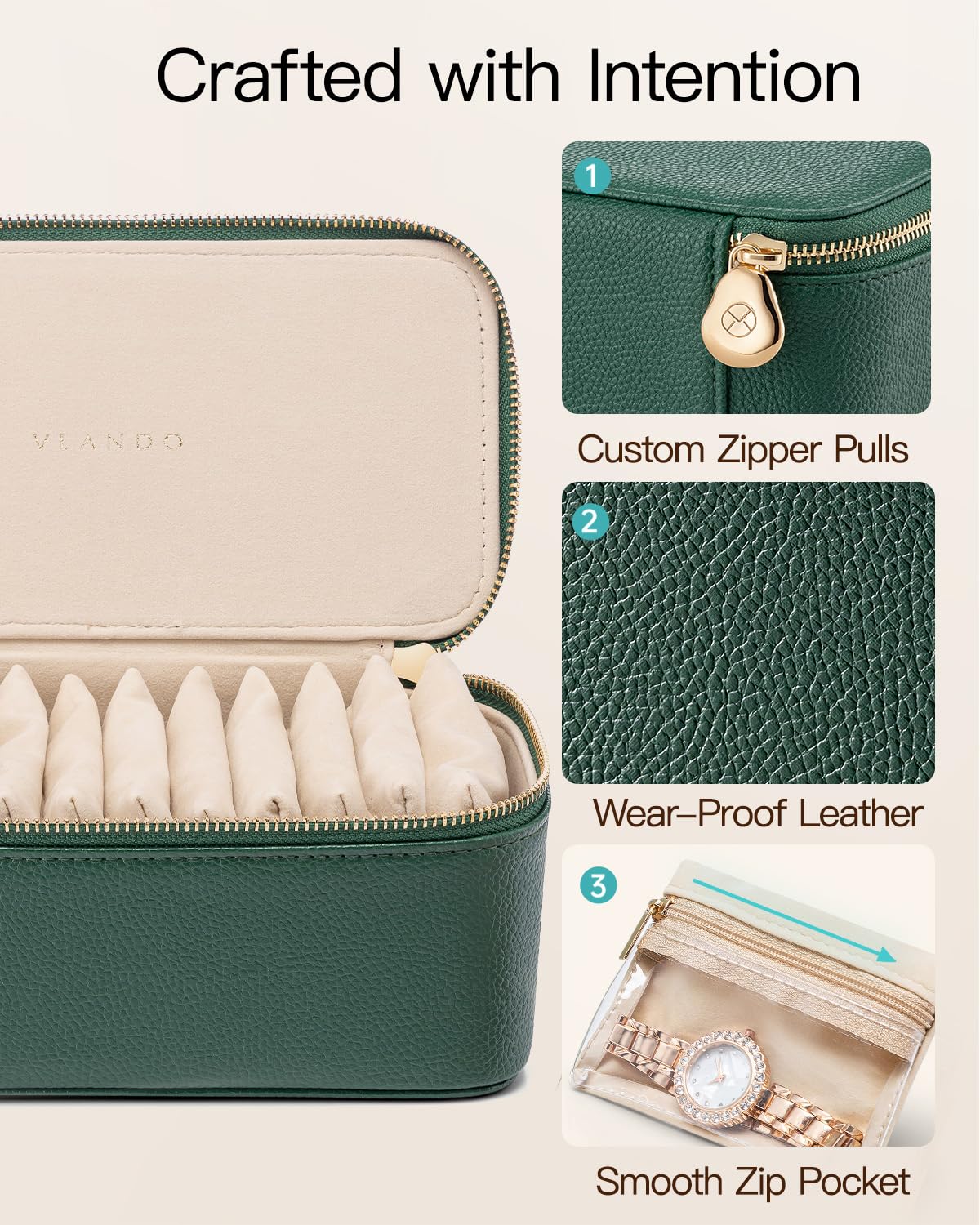 Jewelry Boxes for Women with 12 Clear Velvet Zipper Pouches (D.12 PCS Green)