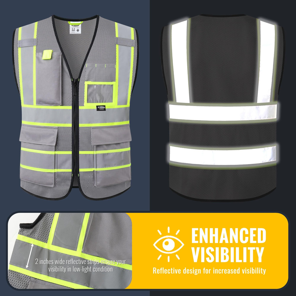 Safety Vest for Men Women Hi Vis Vest with Pockets and Zipper High Visibility Reflective Safety Vests Meet ANSI Standard Grey Color Extended Yellow Strips (Grey / XX-Large)