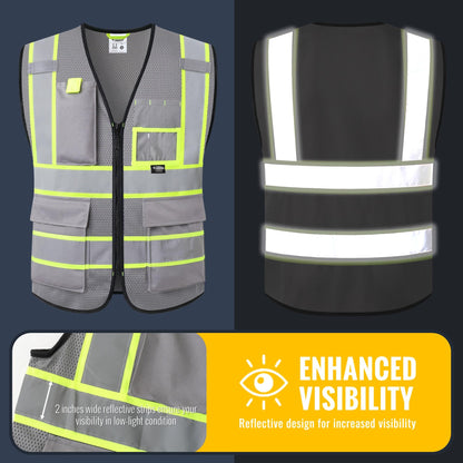 Safety Vest for Men Women Hi Vis Vest with Pockets and Zipper High Visibility Reflective Safety Vests Meet ANSI Standard Grey Color Extended Yellow Strips (Grey / XX-Large)