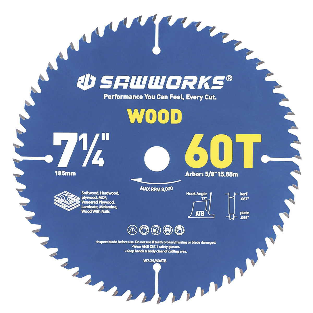 7-1/4" 60T Thin Kerf Circular Saw Blade Woodworking Fine Finish (7-1/4In 60T)