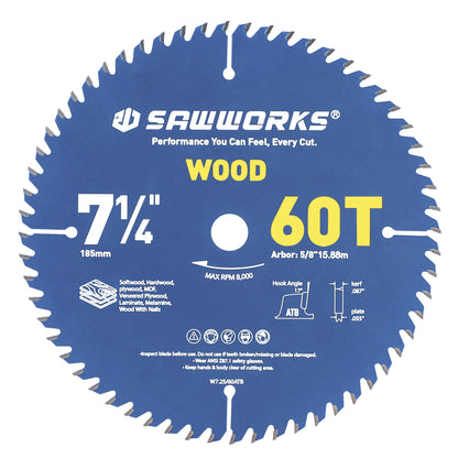 7-1/4" 60T Thin Kerf Circular Saw Blade Woodworking Fine Finish (7-1/4In 60T)