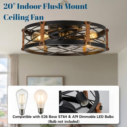 20" Black Farmhouse Caged Ceiling Fan with Light & Remote (Black)