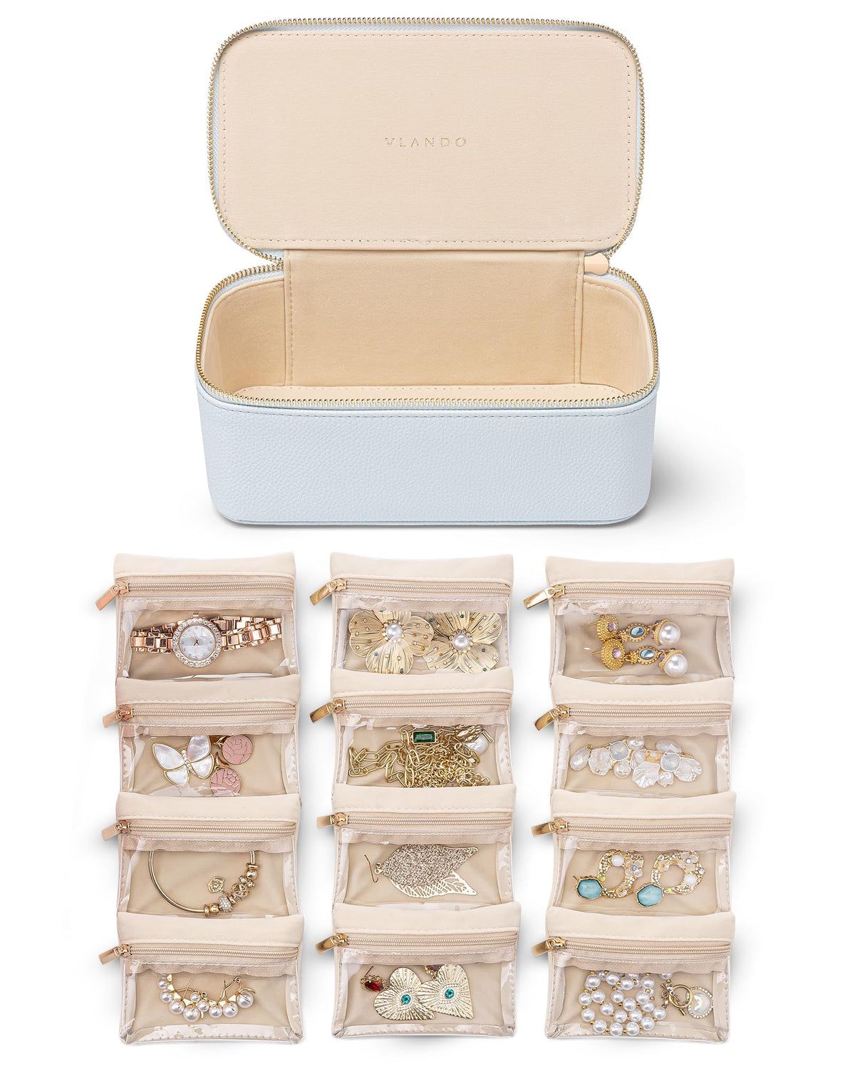 Jewelry Storage Case with 12 Clear Velvet Zipper Pouches (D.12 PCS Baby Blue)