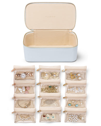 Jewelry Storage Case with 12 Clear Velvet Zipper Pouches (D.12 PCS Baby Blue)