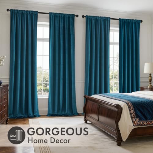 Peacock Blue Velvet Curtains 4 Panel Set Back Tab 40x90 Inch Long (Peacock Blue / 40"W x 90"L (Pack of 4))