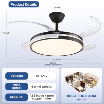 42 inch Retractable Ceiling Fan with Light
