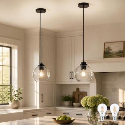 8" Globe Pendant Light 2 Pack Pendant Lights Kitchen Island Black Clear Glass Pendant Lights Height Adjustable Mid Century Modern Light Fixture for Dining Room Bedroom Foyer Bulbs Incl (Black & Clear Glass / 8 Inch)