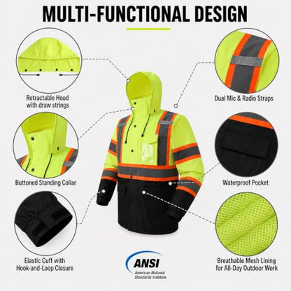 Rain Jacket Men Hi Vis Rain Coats Reflective Raincoat High Visibility Work Suits for Men Women Waterproof （RS250 (Large / Yellowblack)
