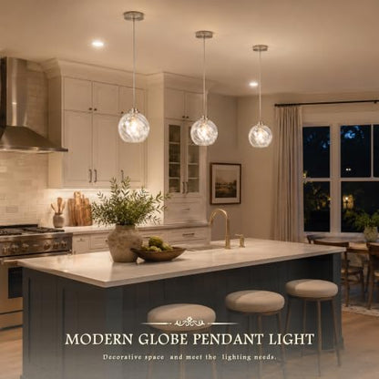 6" Nickel Globe Pendant Light 2 Pack Ribbed Glass Pendant Lights Kitchen Island Height Adjustable Mid (Nickel & Fluted Glass / 6 Inch)