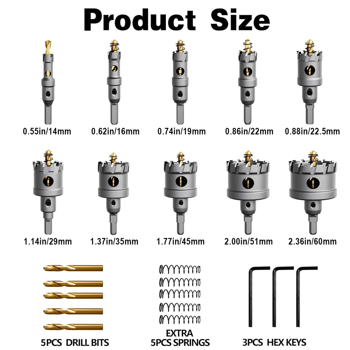 18 PCS (9/16" to 2-3/8") Carbide Hole Saw Kit for Metal (18PCS（9/16" to 2-3/8"）)