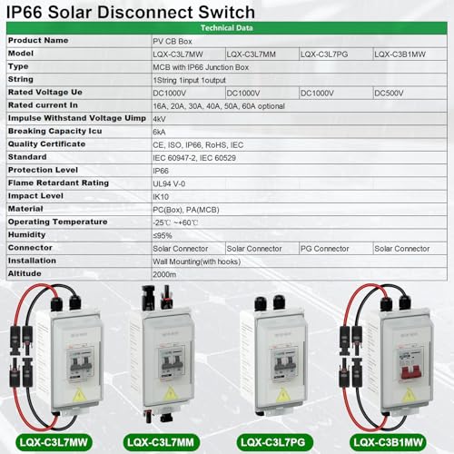 CNLONQ Solar Panel Disconnect Switch 20A~63A 1000V DC PV Circuit Breaker IP66 Waterproof with Connector and Install Hook for Outdoor Home Solar Panel Systems