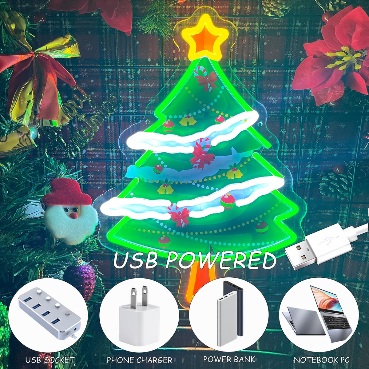 Christmas Tree Neon Sign Dimmable Christmas Led Light Sign for Wall Decor (Colorful-Christmas Tree)