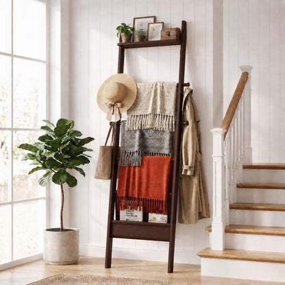 71" 4-in-1 Blanket Ladder for Living Room, 5-Tier Leaning Bamboo Decorative Towel & Quilt Rack with Magazine Leather Pocket, 4 Detachable Hanging Bars, Space-Saving Shelf for Bedroom (Brown) (Brown)
