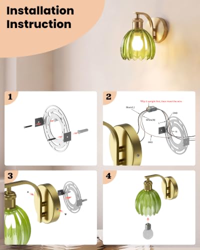 Vintage Brass Hardwired Wall Sconces with Green Tulip Glass Shade