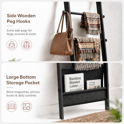 71" 4-in-1 Blanket Ladder for Living Room, 5-Tier Leaning Bamboo Decorative Towel & Quilt Rack with Magazine Leather Pocket, 4 Detachable Hanging Bars, Space-Saving Shelf for Bedroom (Black) (Black)