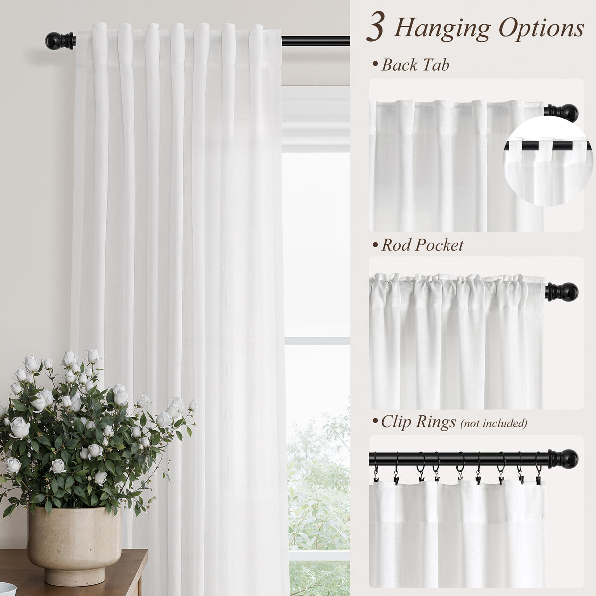 White Linen Curtains 102 Inches Long for Living Room 2 Panels (White / 52"W x 102"L (Pack of 2))