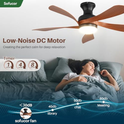 52 Inch Low Profile Ceiling Fans with Lights and Remote (Black+Brown / 52 inch)