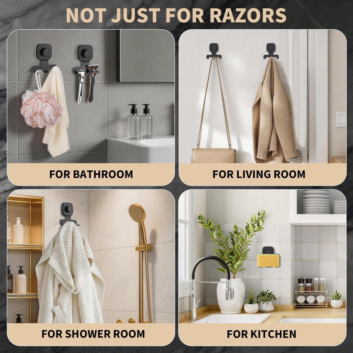 Suction Cup Razor Holder for Shower; Stainless Steel Shaver Hook (Matte Black)