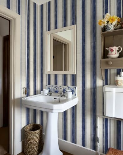 Wallpaper Peel and Stick Blue and Cream White Striped 17.3"x197" Vintage Hand (Blue and Cream White / 17.3" x 197")