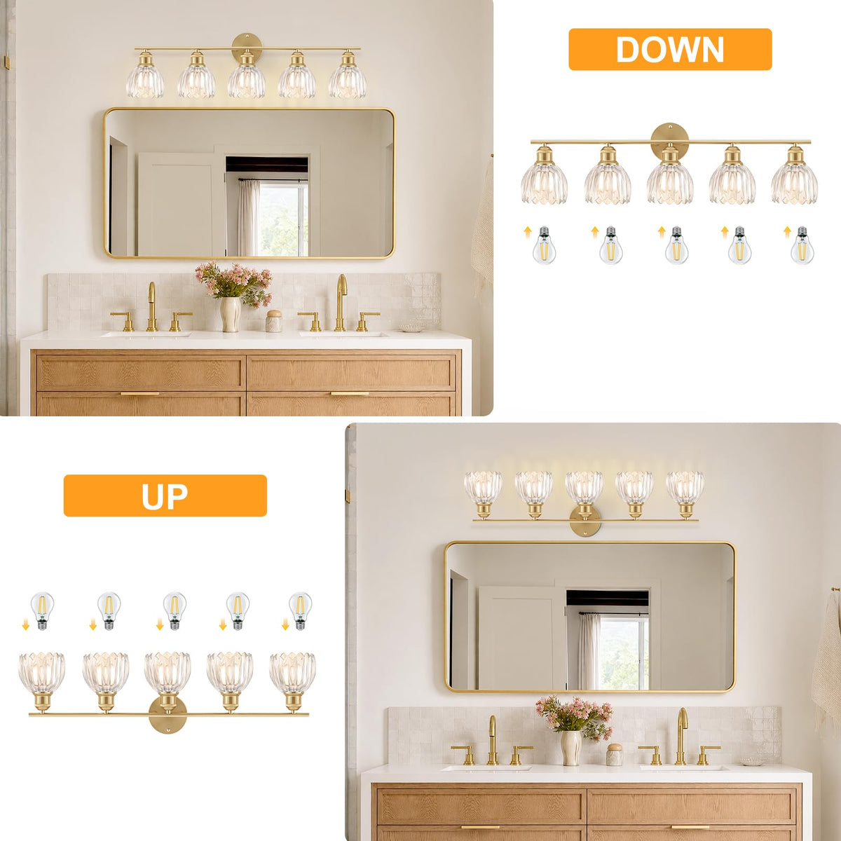 Bathroom Light Fixtures (30" Gold Base-Clear / 5-light)