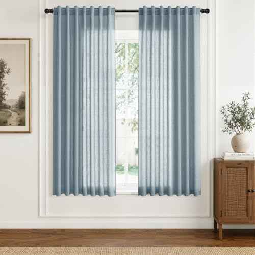 Blue Linen Curtains 63 Inches Long Drape for Living Room 2 Panels (Blue / 52"W x 63"L (Pack of 2))