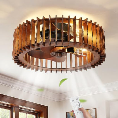 20" Wooden Flush Mount Caged Ceiling Fan with Light