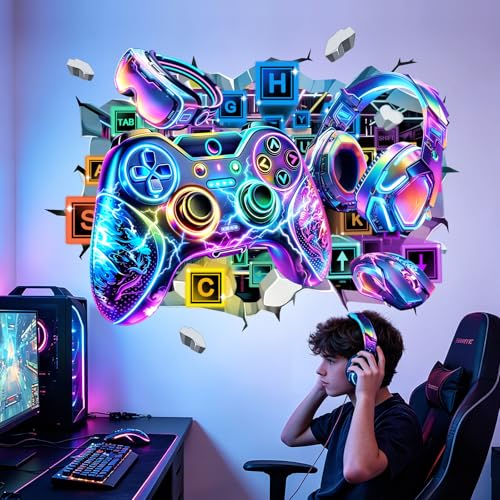 Large 3D Game Controller Wall Stickers Colorful Gamer Zone Gaming Graffiti Peel and Stick Wall Art Decals for Boys Bedroom Kids Room Playroom