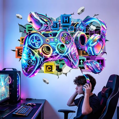 Large 3D Game Controller Wall Stickers Colorful Gamer Zone Gaming Graffiti Peel and Stick Wall Art Decals for Boys Bedroom Kids Room Playroom