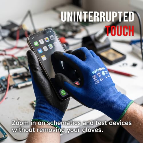Touchscreen ESD Work Gloves 6 Pairs with 18 Gauge PU Grip