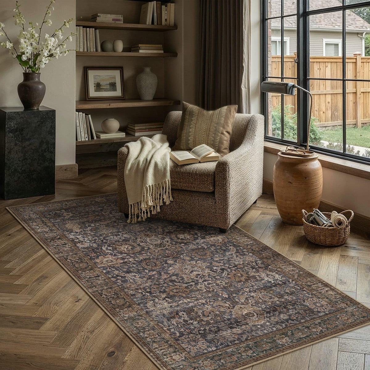 Area Rugs 3x5 Blue Brown Vintage Rug for Living Room (Retro | Blue Brown / 3' x 5' (Rectangular))