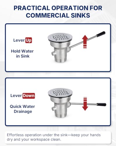 3-1/2" Commercial Sink Drain with Twist Handle, Brass Waste Drain Valve Stopper, Anti-Clog & Leakproof Design for Restaurant 1/2/3 Compartment Sink