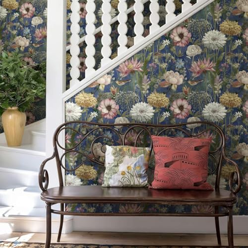 Vintage Floral Wallpaper Peel and Stick Dark Blue Floral Peel and Stick Wallpaper Boho Flower Leaf Contact Paper Bird Self