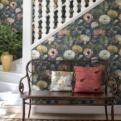 Vintage Floral Wallpaper Peel and Stick Dark Blue Floral Peel and Stick Wallpaper Boho Flower Leaf Contact Paper Bird Self
