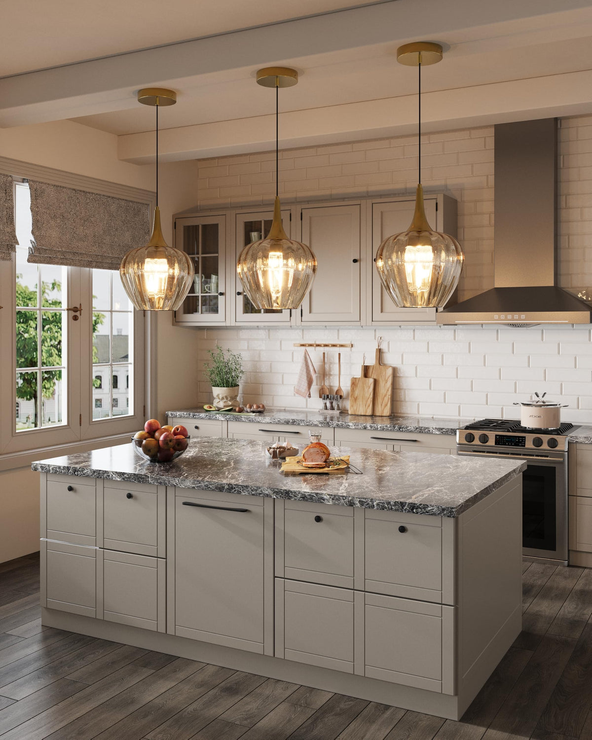 Gold Pendant Lighting for Kitchen Island (Gold & Amber Glass - 3 Pack)