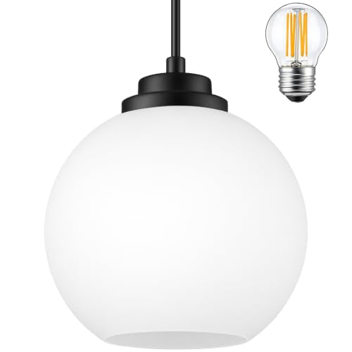6" Black Globe Pendant Light Ribbed Glass Pendant Lights Kitchen Island Height Adjustable Mid