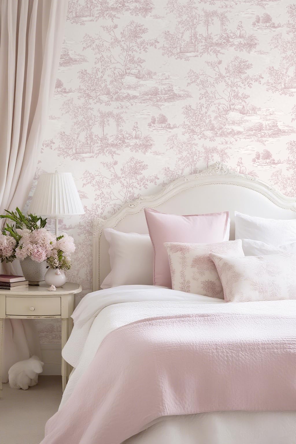 Peel and Stick Wallpaper Vintage Wallpaper Pink Removable Wall Paper Toile Self (Pink / 17.3" x 196.8")