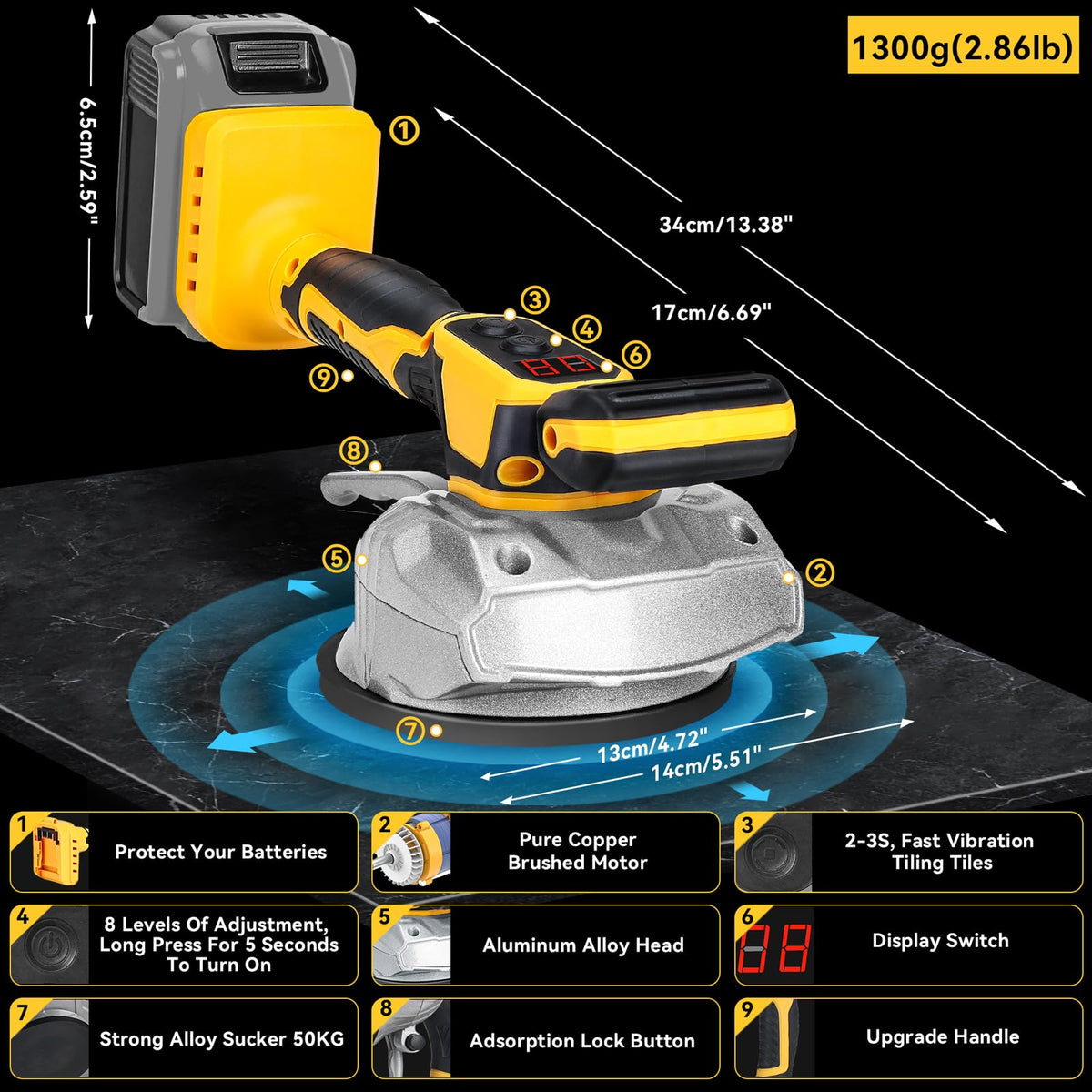 Cordless Tile Vibration Tool Compatible with Dewalt 20V Battery (Yellow -8 Speed)