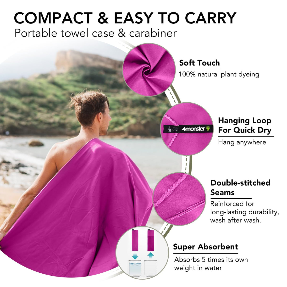 Quick Dry Microfiber Towel (Purplish Red / 31.50" x 15.80")