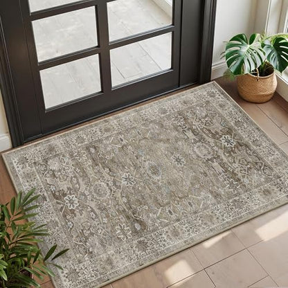 2x3 Entryway Rug Grey Washable Vintage Rugs for Entryway Kitchen Low Pile Non