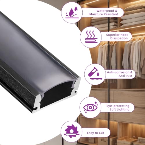 10 Pack LED Aluminum Channel U Shape LED Strip Diffuser Track with Black Cover Easy Installation