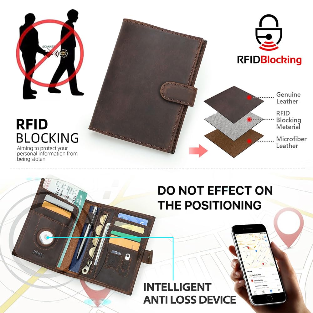 Full Grain Leather Passport Holder Compatible with Airtag Slot RFID Blocking Passport Wallet Travel Slim Passport Cover with SIM Card Removal Tool (Coffee / Plain- Snap)