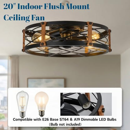 20" Black Farmhouse Caged Ceiling Fan with Light & Remote