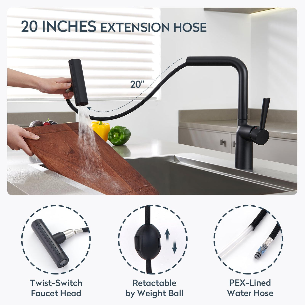 Black Waterfall Kitchen Faucets with Pull Down Sprayer (Waterfall / W-Matte Black)