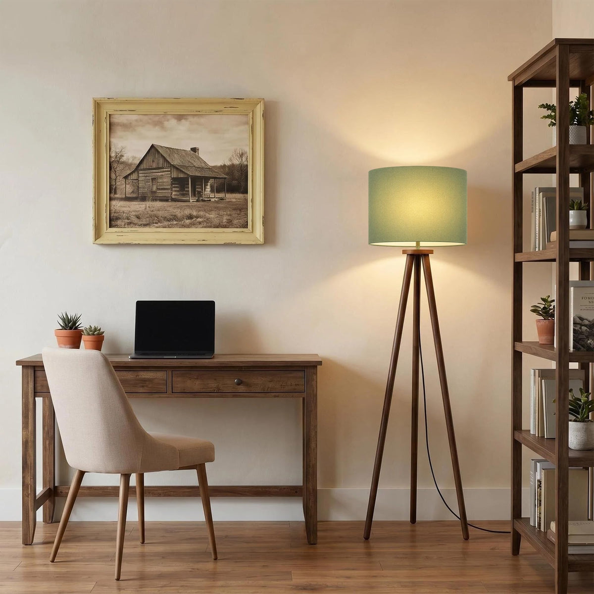60.6 Inch Walnut Wood Tripod Floor Lamp with Linen Drum Shade (Green)